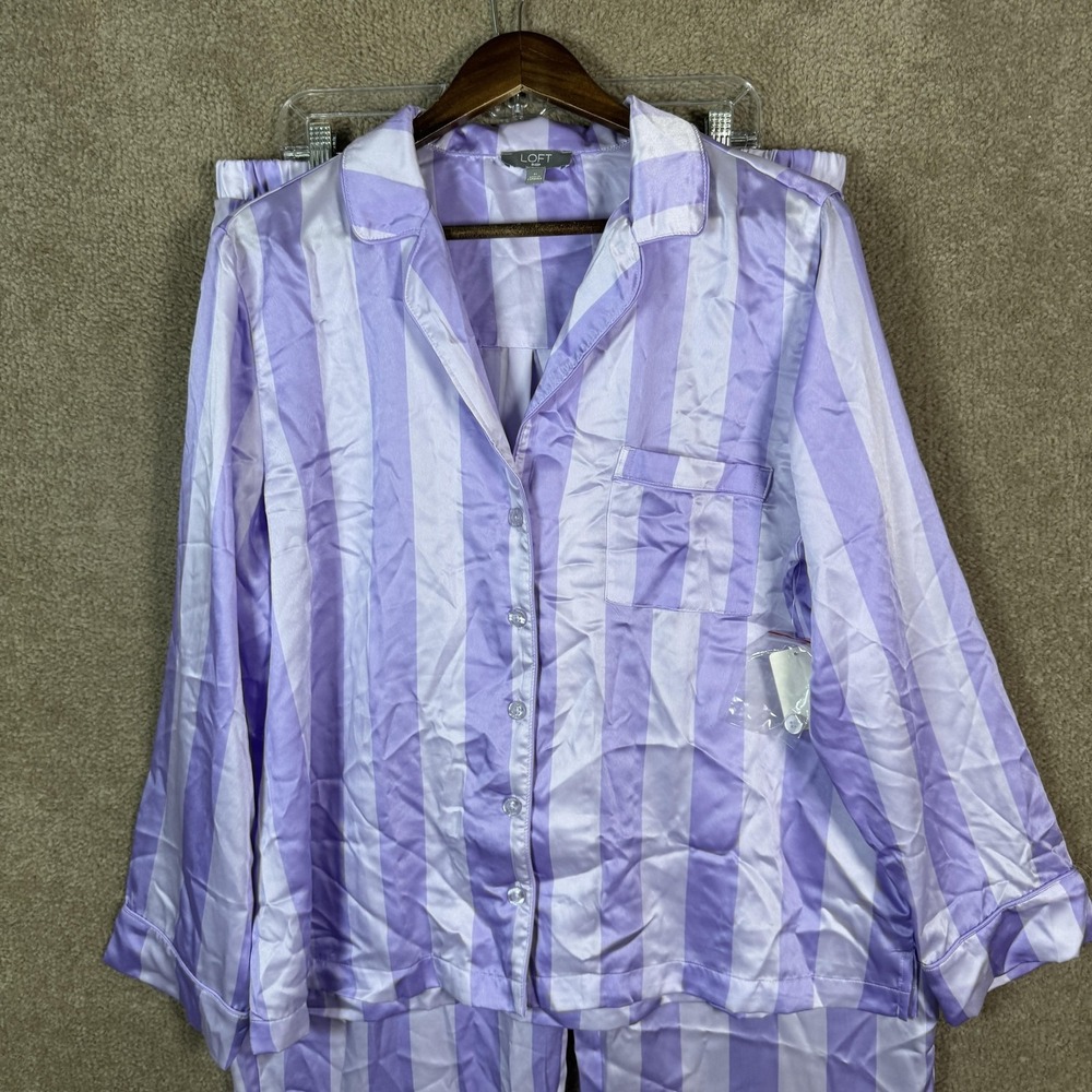 LOFT Sleep Pajama Set Womens XL Purple Satin Stripe Notch Collar Long Sleeve PJs - Picture 3 of 16